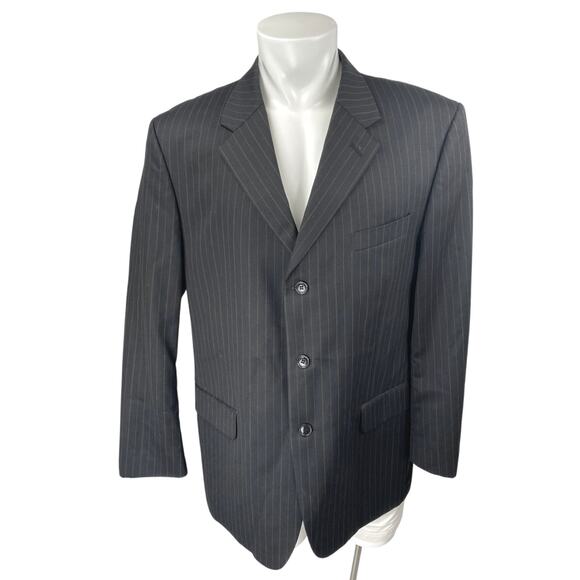 S&K Men's Black 100% Wool Pinstriped Long Sleeve Blazer Coat Suit Jacket Size 46 - Picture 1 of 4
